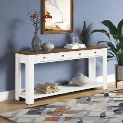 63 in. Antique White Rectangle Pine Wood Console Table with 4-Drawers and 1 Bottom Shelf for Entryway Hallway by Unbranded -Boraam Sales Store antique white unbranded console tables gm h 518 31 1000