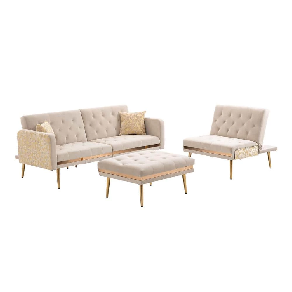 106.30 in. W Square Arm 3-Piece Velvet L Shaped Sectional Sofa in Beige With Ottoman by Unbranded 3 106.30 in. W Square Arm 3-Piece Velvet L Shaped Sectional Sofa in Beige With Ottoman by Unbranded
