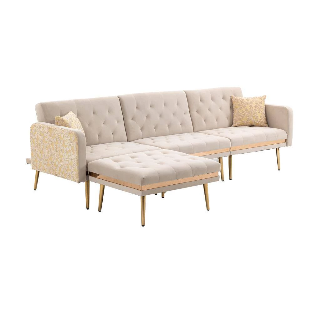 106.30 in. W Square Arm 3-Piece Velvet L Shaped Sectional Sofa in Beige With Ottoman by Unbranded 4 106.30 in. W Square Arm 3-Piece Velvet L Shaped Sectional Sofa in Beige With Ottoman by Unbranded - Image 2