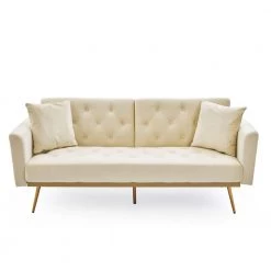 68.3 in. Width Beige Velvet Twin Size Convertible Sofa Bed With 2-Pillows by Unbranded