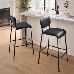 38.5 in. Low Black PU Faux Leather Metal Wood Bar Stool Industrial Pub Barstools With Armless Stool Chairs Set of 2 by Unbranded -Boraam Sales Store black unbranded bar stools lm w48747775 31 1000