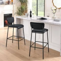 38.5 in. Low Black PU Faux Leather Metal Wood Bar Stool Industrial Pub Barstools With Armless Stool Chairs Set of 2 by Unbranded -Boraam Sales Store black unbranded bar stools lm w48747775 44 1000