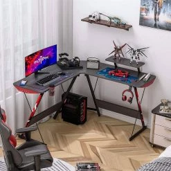 51 in. L Shaped Carbon Fiber Computer Gaming Desk with Monitor Shelf, Black by Unbranded -Boraam Sales Store black unbranded computer desks mkbs0101248 3 31 1000