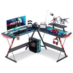 51 in. L Shaped Carbon Fiber Computer Gaming Desk with Monitor Shelf, Black by Unbranded