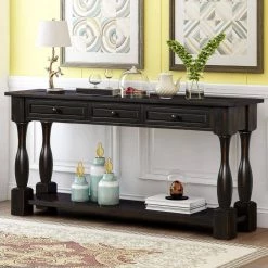 64.2 in. Black Console Table 64 in. L ong Extra Thick Sofa Table with Drawers and Shelf for Entryway Hallwaywood Top by Unbranded -Boraam Sales Store black unbranded console tables sa wf193795aab c3 1000