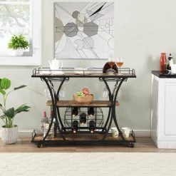 Black 3-Tier Bar Cart with Wine Rack and Glass Holder by Unbranded -Boraam Sales Store black unbranded kitchen carts aybszhd1491 31 1000
