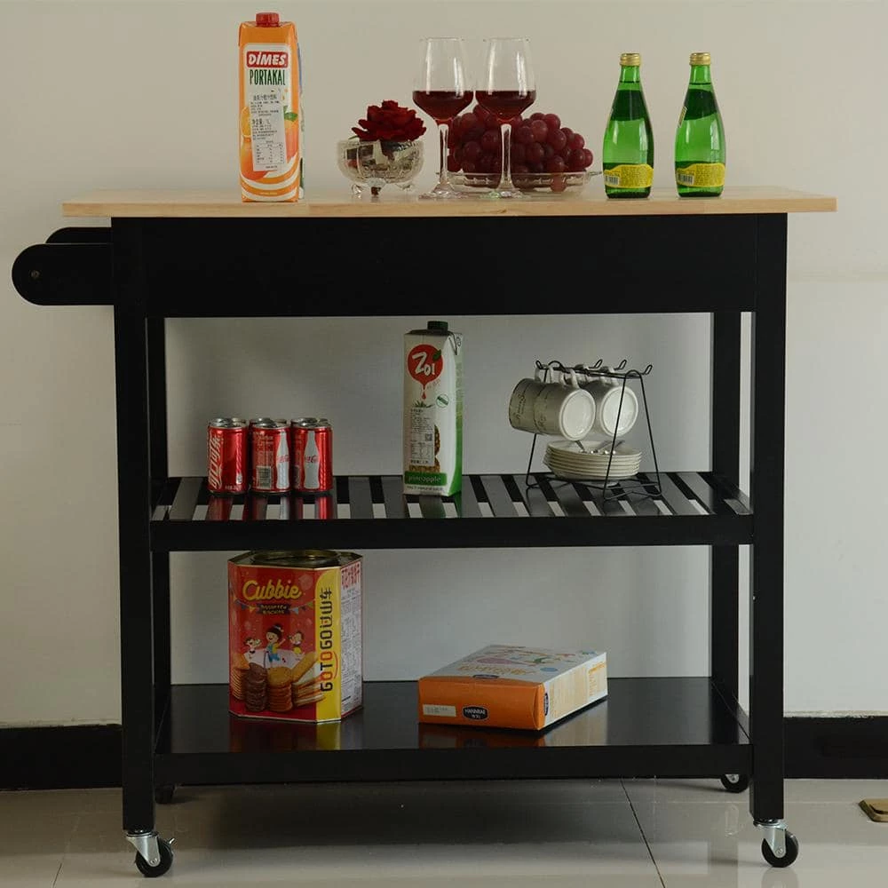 Black Frame Kitchen Cart with Wood Natural Top and Large Drawer, 2-Shelf and Kitchen Island with 2 Wheels with Brake by Unbranded 3 Black Frame Kitchen Cart with Wood Natural Top and Large Drawer, 2-Shelf and Kitchen Island with 2 Wheels with Brake by Unbranded