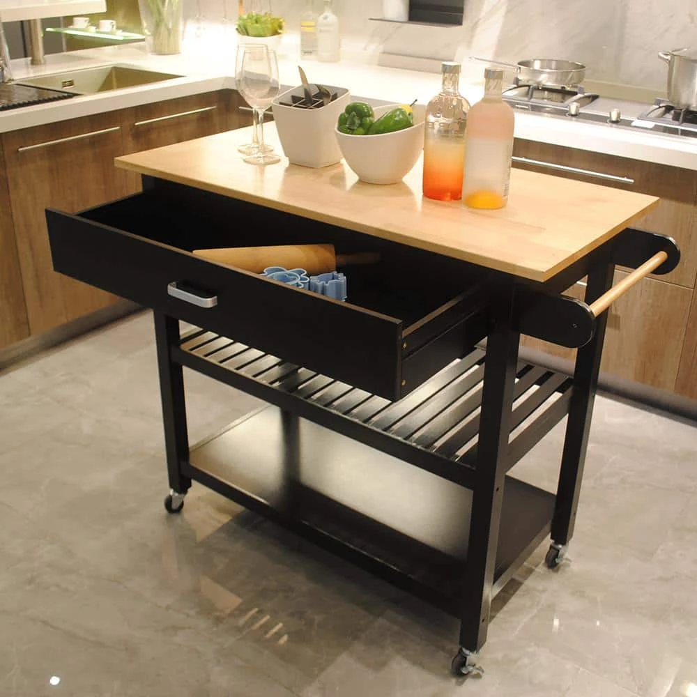 Black Frame Kitchen Cart with Wood Natural Top and Large Drawer, 2-Shelf and Kitchen Island with 2 Wheels with Brake by Unbranded 4 Black Frame Kitchen Cart with Wood Natural Top and Large Drawer, 2-Shelf and Kitchen Island with 2 Wheels with Brake by Unbranded - Image 2