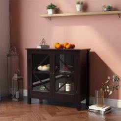 Black Kitchen Storage Cabinet with MDF Material and Double Glass Doors, Kitchen Sideboard for Dinnerware by Unbranded -Boraam Sales Store black unbranded kitchen islands aybszhd860 4f 1000