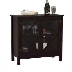 Black Kitchen Storage Cabinet with MDF Material and Double Glass Doors, Kitchen Sideboard for Dinnerware by Unbranded