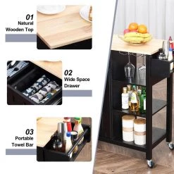 Black Kitchen Island on Wheels Kitchen Cart with Cabinet 3-Layer Shelves (Set of 2) by Unbranded -Boraam Sales Store black unbranded kitchen islands k825 2island bl 1d 1000