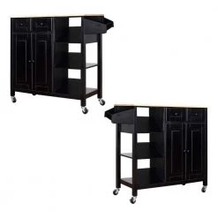 Black Kitchen Island on Wheels Kitchen Cart with Cabinet 3-Layer Shelves (Set of 2) by Unbranded