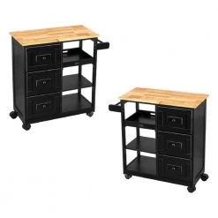 Black Kitchen Islands with Storage Lockable Utility Kitchen Carts On Wheels with Countertop Drawer Open Shelves 2 Sets by Unbranded