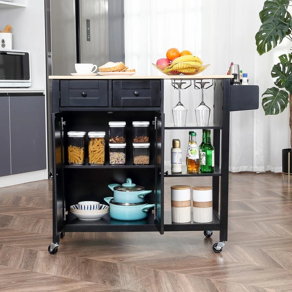 Black Kitchen Island on Wheels Kitchen Cart with Cabinet 3 Layer Shelves Wood Countertop Mobile Storage Islands by Unbranded 14 Black Kitchen Island on Wheels Kitchen Cart with Cabinet 3 Layer Shelves Wood Countertop Mobile Storage Islands by Unbranded - Image 12