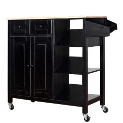 Black Kitchen Island on Wheels Kitchen Cart with Cabinet 3 Layer Shelves Wood Countertop Mobile Storage Islands by Unbranded