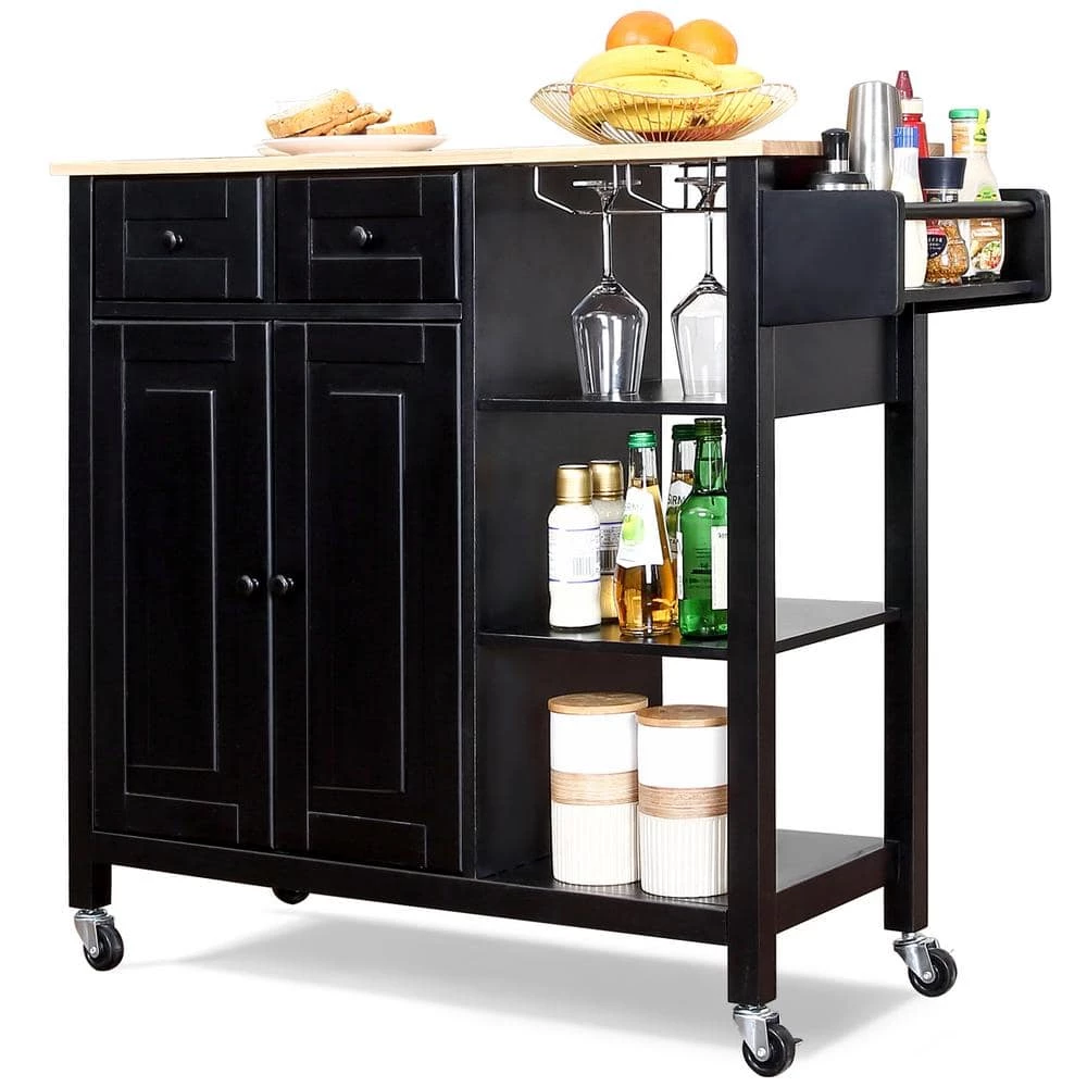 Black Kitchen Island on Wheels Kitchen Cart with Cabinet 3 Layer Shelves Wood Countertop Mobile Storage Islands by Unbranded 4 Black Kitchen Island on Wheels Kitchen Cart with Cabinet 3 Layer Shelves Wood Countertop Mobile Storage Islands by Unbranded - Image 2