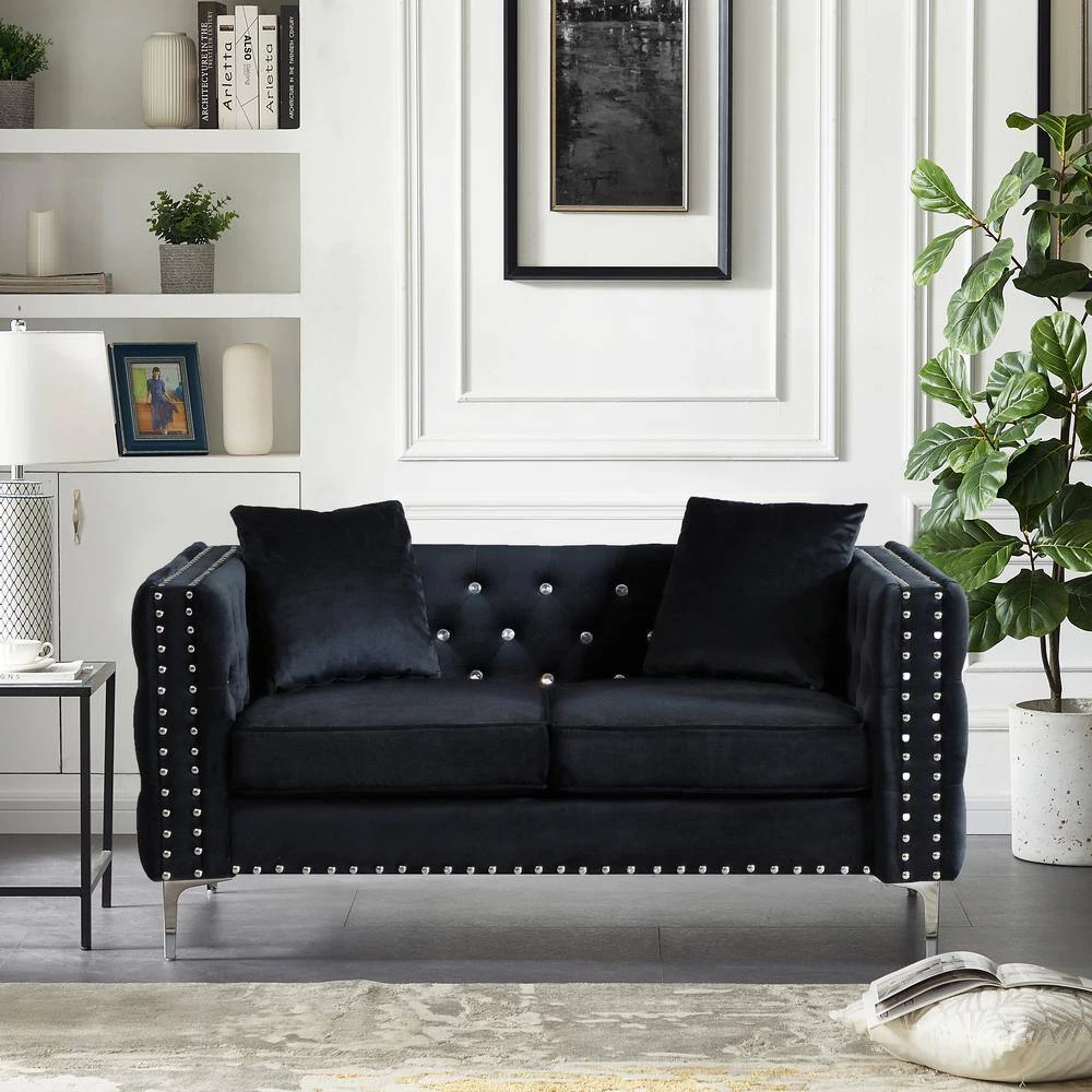 59.4 in.W Modern Black Square Arm Velvet Straight Tufted Loveseat with 2 Pillows by Unbranded 7 59.4 in.W Modern Black Square Arm Velvet Straight Tufted Loveseat with 2 Pillows by Unbranded - Image 5