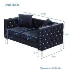 59.4 in.W Modern Black Square Arm Velvet Straight Tufted Loveseat with 2 Pillows by Unbranded 10 59.4 in.W Modern Black Square Arm Velvet Straight Tufted Loveseat with 2 Pillows by Unbranded -Boraam Sales Store black unbranded loveseats cuus0000623 4f 1000