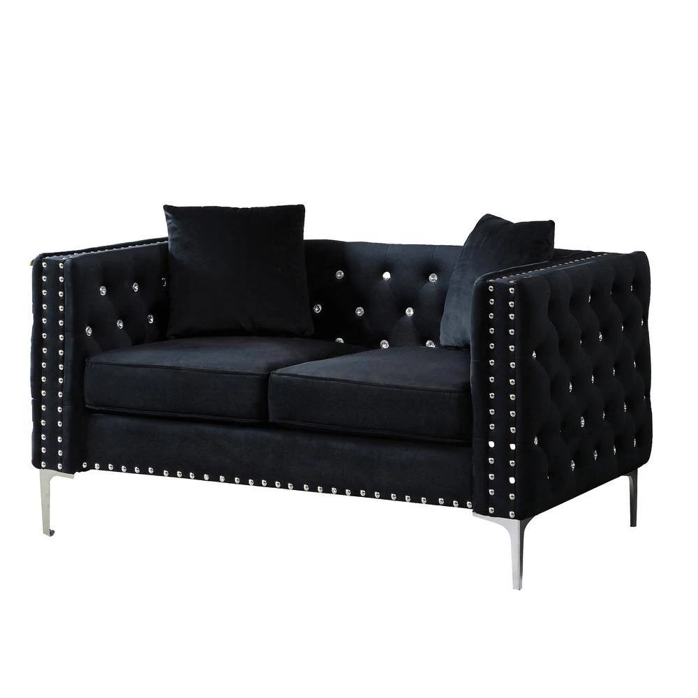 59.4 in.W Modern Black Square Arm Velvet Straight Tufted Loveseat with 2 Pillows by Unbranded 5 59.4 in.W Modern Black Square Arm Velvet Straight Tufted Loveseat with 2 Pillows by Unbranded - Image 3