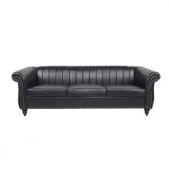 84 in.W 3-Seat Modern Rolled Arm Faux Leather Straight Tufted Sofa in Black by Unbranded