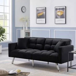 74 in. W Square Arms Velvet Futon Twin Size Sofa Bed 3-Seater Straight Sofa with 2-Pillow in Black by Unbranded -Boraam Sales Store black unbranded sofas couches ec sfbk 8224 31 1000