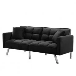 74 in. W Square Arms Velvet Futon Twin Size Sofa Bed 3-Seater Straight Sofa with 2-Pillow in Black by Unbranded