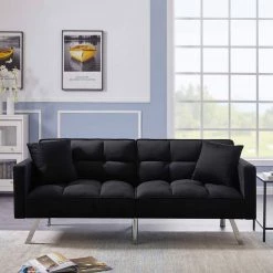 74 in. W Square Arms Velvet Futon Twin Size Sofa Bed 3-Seater Straight Sofa with 2-Pillow in Black by Unbranded -Boraam Sales Store black unbranded sofas couches ec sfbk 8224 66 1000