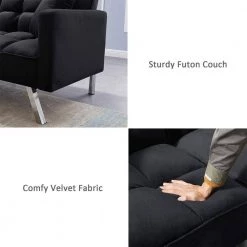 74 in. W Square Arms Velvet Futon Twin Size Sofa Bed 3-Seater Straight Sofa with 2-Pillow in Black by Unbranded -Boraam Sales Store black unbranded sofas couches ec sfbk 8224 d4 1000