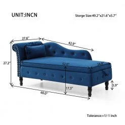 60 in.W Blue Modern Multifunctional Storage Velvet Tufted Chaise Lounge with 1 Pillows by Unbranded -Boraam Sales Store blue unbranded chaise lounges cuu49338 1f 1000