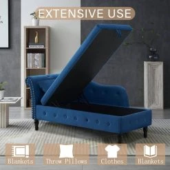 60 in.W Blue Modern Multifunctional Storage Velvet Tufted Chaise Lounge with 1 Pillows by Unbranded -Boraam Sales Store blue unbranded chaise lounges cuu49338 31 1000