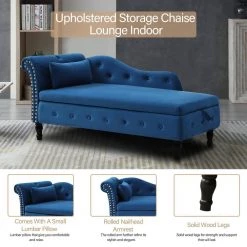 60 in.W Blue Modern Multifunctional Storage Velvet Tufted Chaise Lounge with 1 Pillows by Unbranded -Boraam Sales Store blue unbranded chaise lounges cuu49338 4f 1000