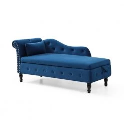 60 in.W Blue Modern Multifunctional Storage Velvet Tufted Chaise Lounge with 1 Pillows by Unbranded
