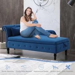 60 in. Blue Velvet Multifunctional Storage Chaise Lounge Buttons Tufted Nailhead Trimmed Solid Wood Legs with 1 Pillow by Unbranded -Boraam Sales Store blue unbranded chaise lounges ec clb 8102 1f 1000