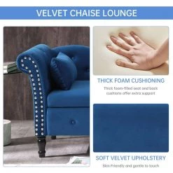 60 in. Blue Velvet Multifunctional Storage Chaise Lounge Buttons Tufted Nailhead Trimmed Solid Wood Legs with 1 Pillow by Unbranded -Boraam Sales Store blue unbranded chaise lounges ec clb 8102 44 1000