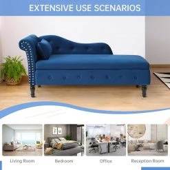 60 in. Blue Velvet Multifunctional Storage Chaise Lounge Buttons Tufted Nailhead Trimmed Solid Wood Legs with 1 Pillow by Unbranded -Boraam Sales Store blue unbranded chaise lounges ec clb 8102 4f 1000