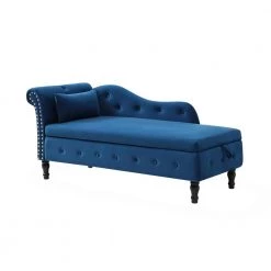 Boraam Sales Store 27 60 in. Blue Velvet Multifunctional Storage Chaise Lounge Buttons Tufted Nailhead Trimmed Solid Wood Legs with 1 Pillow by Unbranded