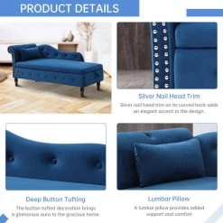 60 in. Blue Velvet Multifunctional Storage Chaise Lounge Buttons Tufted Nailhead Trimmed Solid Wood Legs with 1 Pillow by Unbranded -Boraam Sales Store blue unbranded chaise lounges ec clb 8102 fa 1000
