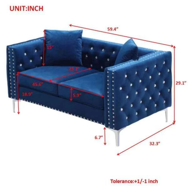 2-Piece Modern Rectangle Velvet Tufted Top Bar Table Set Sofa Blue with 4 Pillows by Unbranded 7 2-Piece Modern Rectangle Velvet Tufted Top Bar Table Set Sofa Blue with 4 Pillows by Unbranded - Image 5