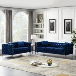 2-Piece Modern Rectangle Velvet Tufted Top Bar Table Set Sofa Blue with 4 Pillows by Unbranded 15 2-Piece Modern Rectangle Velvet Tufted Top Bar Table Set Sofa Blue with 4 Pillows by Unbranded -Boraam Sales Store blue unbranded living room sets cuus00012 31 1000