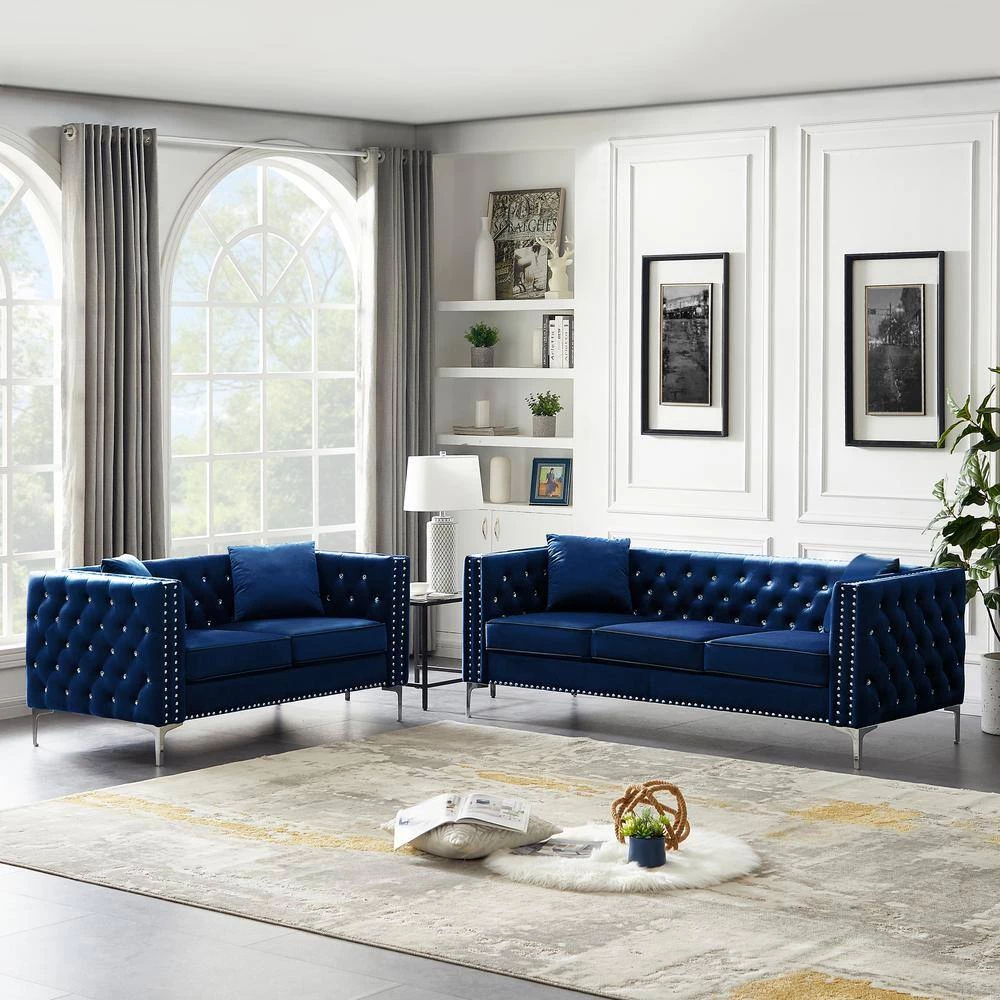 2-Piece Modern Rectangle Velvet Tufted Top Bar Table Set Sofa Blue with 4 Pillows by Unbranded 9 2-Piece Modern Rectangle Velvet Tufted Top Bar Table Set Sofa Blue with 4 Pillows by Unbranded - Image 7