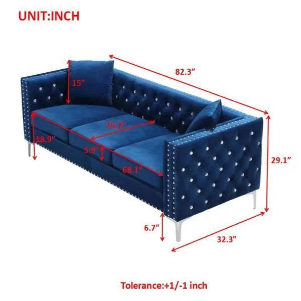 2-Piece Modern Rectangle Velvet Tufted Top Bar Table Set Sofa Blue with 4 Pillows by Unbranded 6 2-Piece Modern Rectangle Velvet Tufted Top Bar Table Set Sofa Blue with 4 Pillows by Unbranded - Image 4
