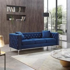 82.3 in. W 3-Seat Modern Square Arm Velvet Straight Tufted Sofa in Blue With 2-Pillows by Unbranded -Boraam Sales Store blue unbranded sofas couches cuus00010 31 1000