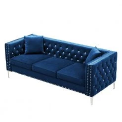 82.3 in. W 3-Seat Modern Square Arm Velvet Straight Tufted Sofa in Blue With 2-Pillows by Unbranded