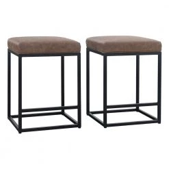 24 in. Brown Leather Cushion and Black Metal Frame Metal Bar Stool (2-pieces) by Unbranded
