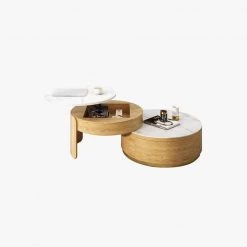31.5 in. Brown Round Modern Nesting Coffee Table (Set of 2), White Sintered Stone Coffee Table Set Light Wood by Unbranded