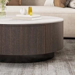 35.4 in. Brown Modern Round Coffee Table With Storage Drum Coffee Table With Solid Wood Drawers, Sintered Stone Tabletop by Unbranded -Boraam Sales Store brown unbranded coffee tables gm h 531 1f 1000