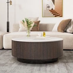 35.4 in. Brown Modern Round Coffee Table With Storage Drum Coffee Table With Solid Wood Drawers, Sintered Stone Tabletop by Unbranded -Boraam Sales Store brown unbranded coffee tables gm h 531 31 1000