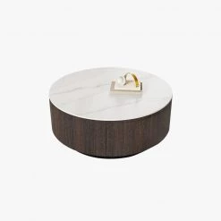 35.4 in. Brown Modern Round Coffee Table With Storage Drum Coffee Table With Solid Wood Drawers, Sintered Stone Tabletop by Unbranded