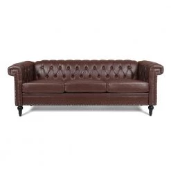 83 in.W 3-Seat Modern Rolled Arm Faux Leather Straight Tufted Sofa in Brown by Unbranded