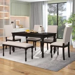 Espresso 6-Piece Wood Dining Table Set Rectangular Table with Turned Legs 4 Upholstered Chairs and Bench for Dining Room by Unbranded -Boraam Sales Store espresso unbranded dining room sets ec dse 8151 31 1000